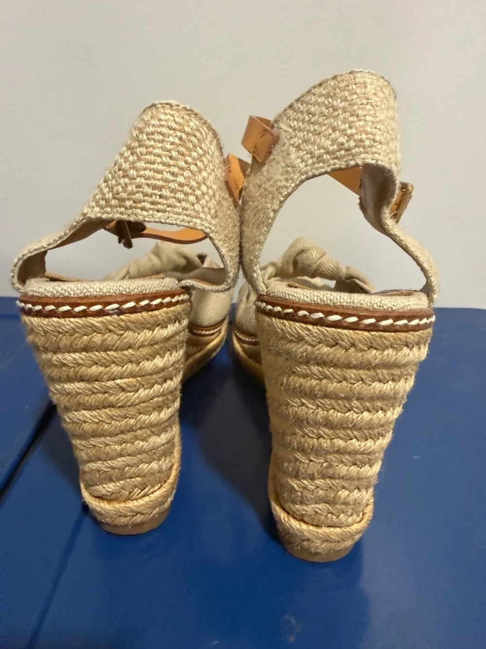 Tory Burch Knotted Linen Espadrille Wedge Sandal Gold Natural 8B Ankle Strap